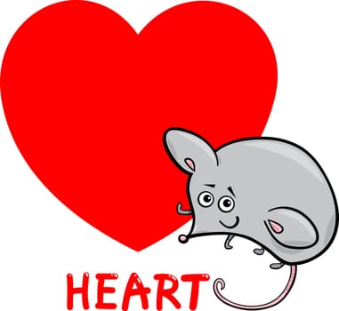 Cartoon Illustration of Heart Basic Shape with Funny Mouse Character for Children Education