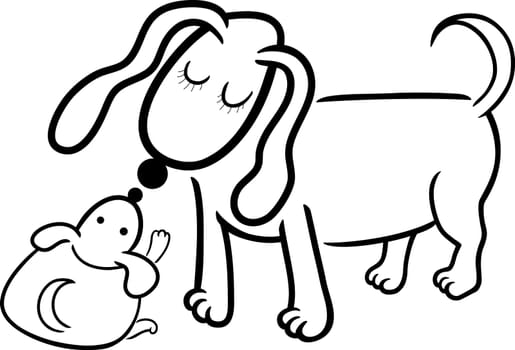 Cartoon Illustration of Cute Little Puppy and his Dog Mom for Coloring Book