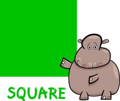 Cartoon Illustration of Square Basic Geometric Shape with Funny Hippo Character for Children Education
