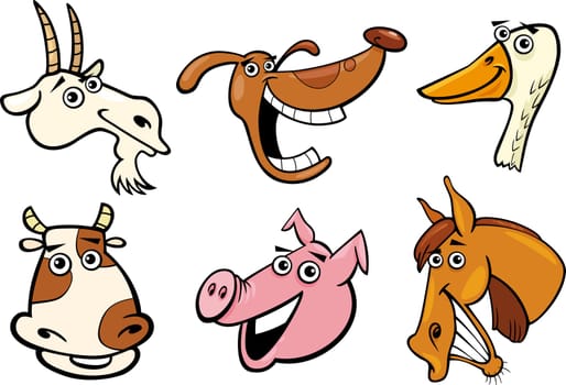 Cartoon Illustration of Different Funny Farm Animals Heads Set: Goat, Pig, Cow, Horse, Dog and Goose