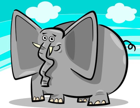 Cartoon Humorous Illustration of Funny Gray Elephant against blue sky