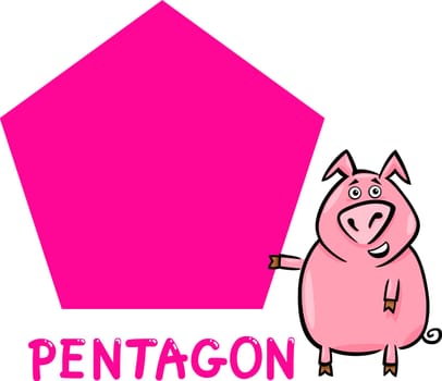 Cartoon Illustration of Pentagon Basic Geometric Shape with Funny Pig Character for Children Education