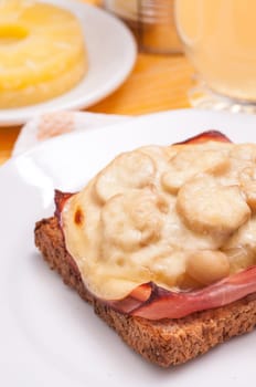Hawaiian toast with toast bread,pineapple,ham,mushrooms and cheese