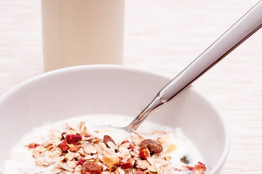 Muesli with spoon in a bowl