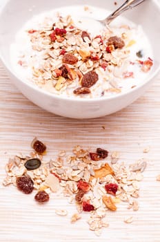 Muesli in a bowl and spoon