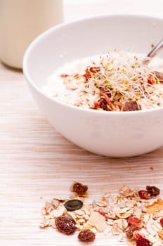 Bircher muesli made from cereals,dried fruits and alfalfa sprouts
