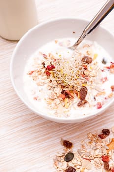Bircher muesli with grains and sprouts in a bowl