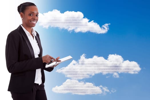 Smiling african american businesswoman using a tactile tablet, isolated on white background