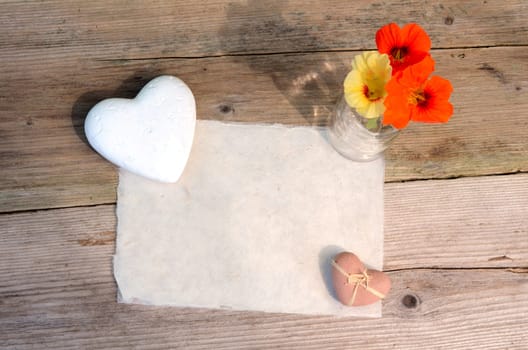 Handmade Paper Heart Flowers Old Wood Background