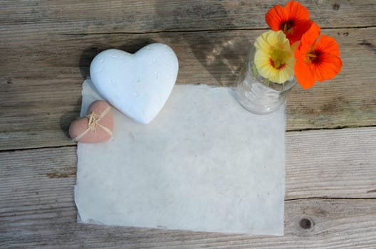 Handmade Paper Heart Flowers Old Wood Background