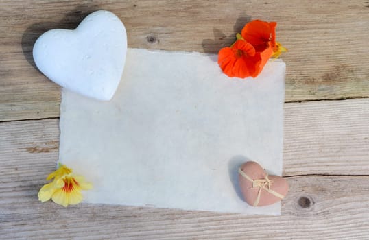 Handmade Paper Heart Flowers Old Wood Background