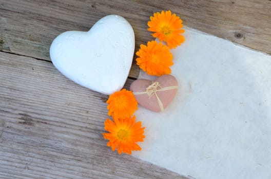 Handmade Paper Heart Flowers Old Wood Background