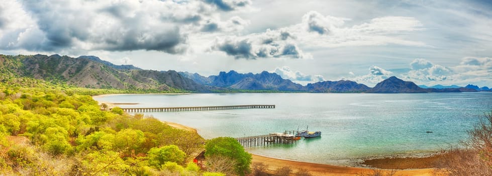 Bay of Komodo island at sunrise. Panorama