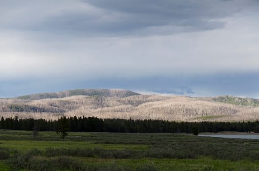 Yellowstone Lake at sunset in Yellowstone National Park in Wyoming in the United States of America
