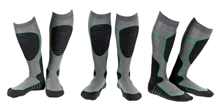 A collage of three pairs of gray ski socks. The image is composed of several images.