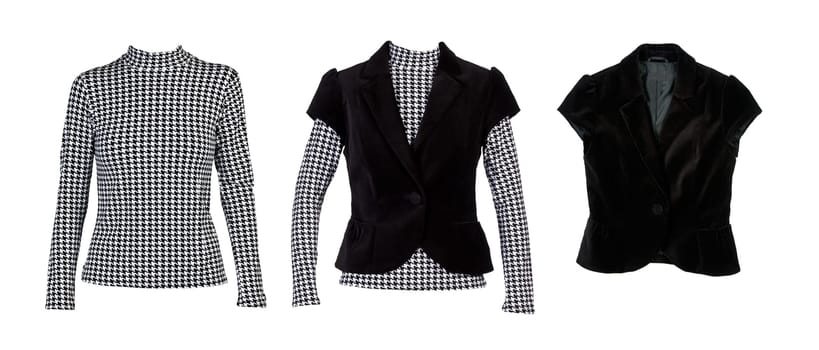 A collage of patterned blouses with "crows feet"" and a black vest. The image is composed of several images."