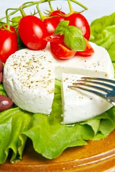 fresh cheese with salad, tomatoes and black olives