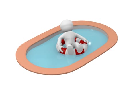 3d man with a life belt in a pool