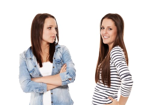 Angry and happy teenager on white background