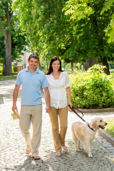 Couple in love walking Labrador dog in park sunny day