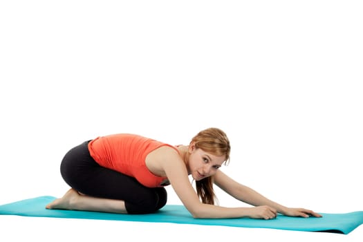 Happy sportswoman doing fitness exercises on white background