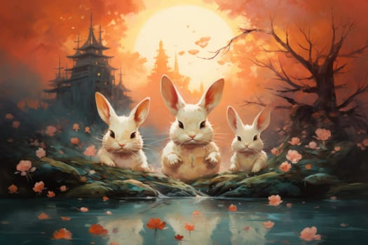 Within the realm of fantasy, playful moon rabbits frolic, their presence bringing luck and fortune to those fortunate enough to encounter them.