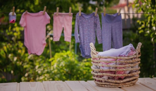 washing baby clothes. Linen dries in the fresh air. Selective focus. nature.