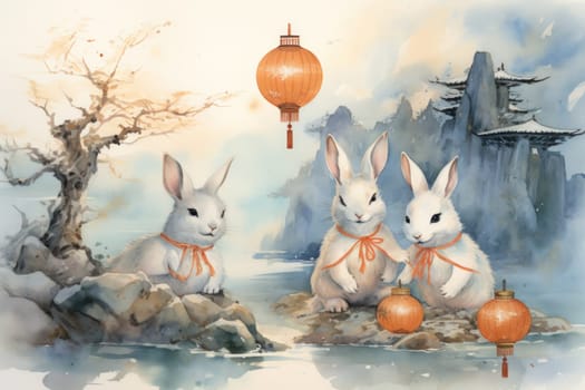 Within the realm of fantasy, playful moon rabbits frolic, their presence bringing luck and fortune to those fortunate enough to encounter them.
