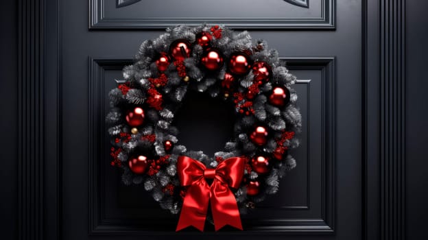Beautiful Christmas wreath hanging on wooden door . High quality photo