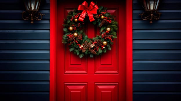 Front door to an English home painted red with a Christmas wreath, Xmas Garland . High quality photo