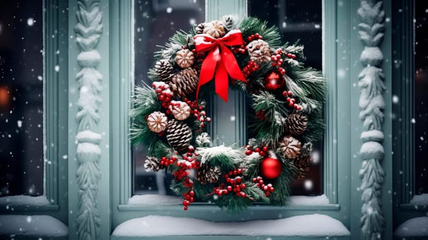 The facade of the building is decorated with a Christmas wreath. High quality photo