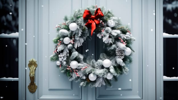 The bright facade of the building is decorated with a beautiful Christmas wreath. High quality photo