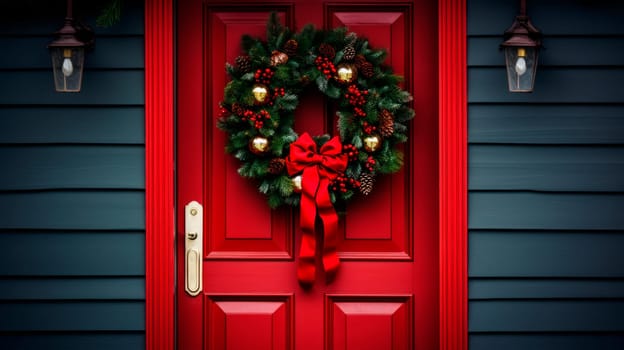Front door to an English home painted red with a Christmas wreath, Xmas Garland. High quality photo