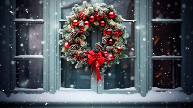 The door of the house is decorated with a Christmas wreath . High quality photo