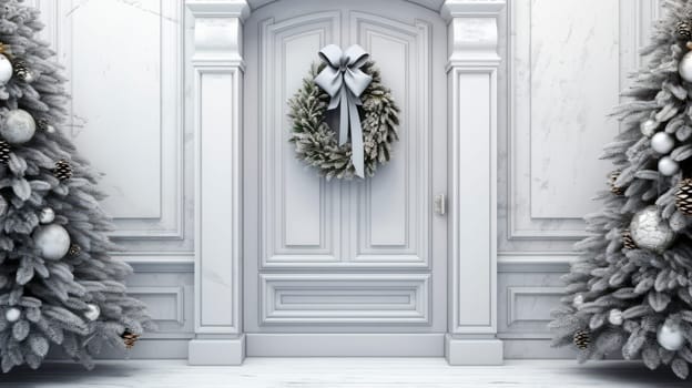 The bright facade of the building is decorated with a beautiful Christmas wreath. High quality photo