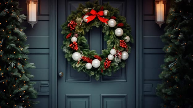 Beautiful Christmas wreath hanging on wooden door. High quality photo