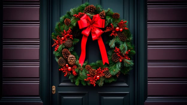 Beautiful Christmas wreath hanging on wooden door . High quality photo