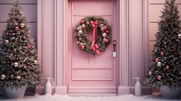 Pink facade of the building decorated with a beautiful Christmas wreath. Christmas trees and a Christmas wreath in pink tones.