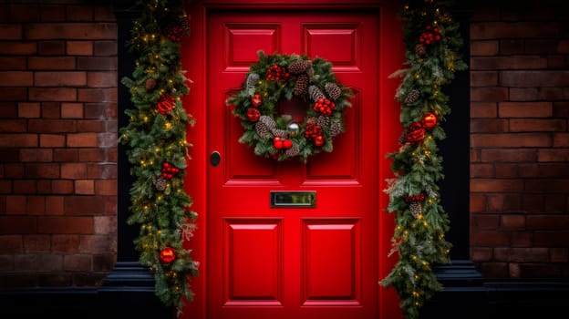 Front door to an English home painted red with a Christmas wreath, Xmas Garland.