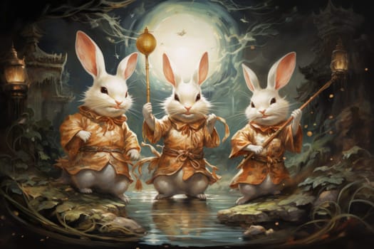Within the realm of fantasy, playful moon rabbits frolic, their presence bringing luck and fortune to those fortunate enough to encounter them.
