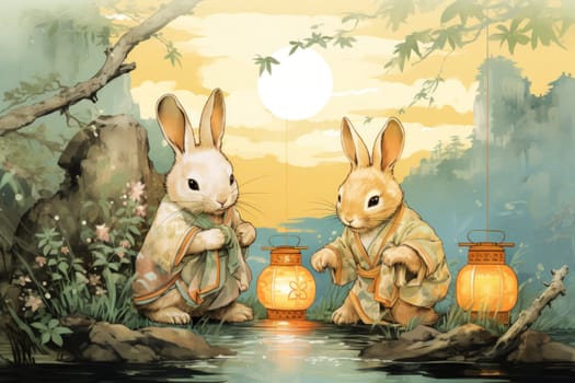 Within the realm of fantasy, playful moon rabbits frolic, their presence bringing luck and fortune to those fortunate enough to encounter them.