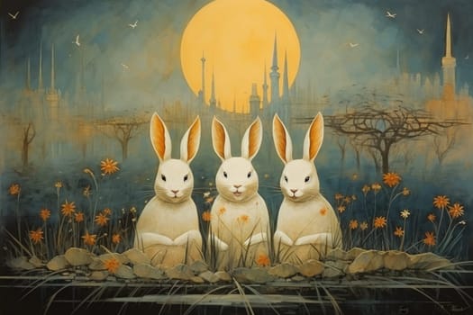 Within the realm of fantasy, playful moon rabbits frolic, their presence bringing luck and fortune to those fortunate enough to encounter them.