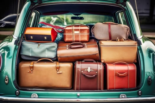 Retro car with luggage in trunk. Suitcases and bags in trunk of car ready to depart for holidays. Travel, vacation concept