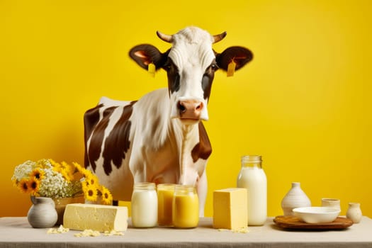 Cow with various dairy products on a yellow background. Production of milk and dairy products