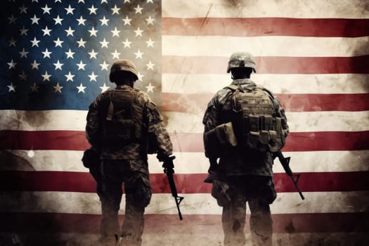 Silhouettes of American army soldiers against the background of the US flag.