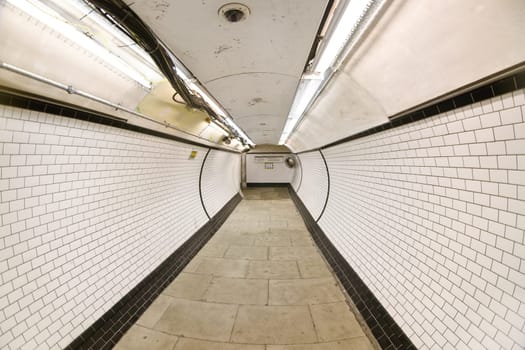 London, United Kingdom - February 24, 2007: Extreme wide angle (fisheye) photo of tunnel at London tube station leading to train platforms.