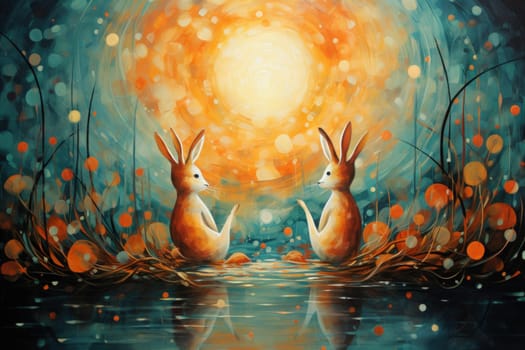 Within the realm of fantasy, playful moon rabbits frolic, their presence bringing luck and fortune to those fortunate enough to encounter them.