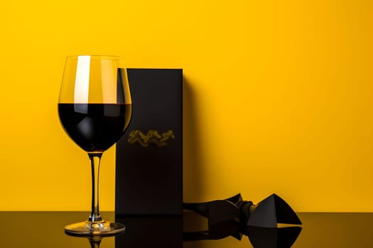 The background of the celebration is a view of a crystal glass with dark wine and a gift box wrapped in black paper, standing on a glossy black table on a yellow background. Space for copying. Congratulations. Black Friday Shopping