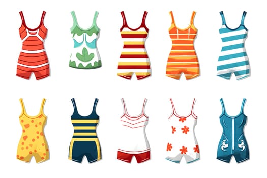 a set of vintage swimwear for girls and women. Different swimsuits for swimming in the pool and on the beach isolated on a white background. A girl's wardrobe for a beach holiday