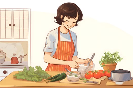 The girl cooks dinner in a cozy home kitchen trying new recipes. Lifestyle. Healthy eating. illustration